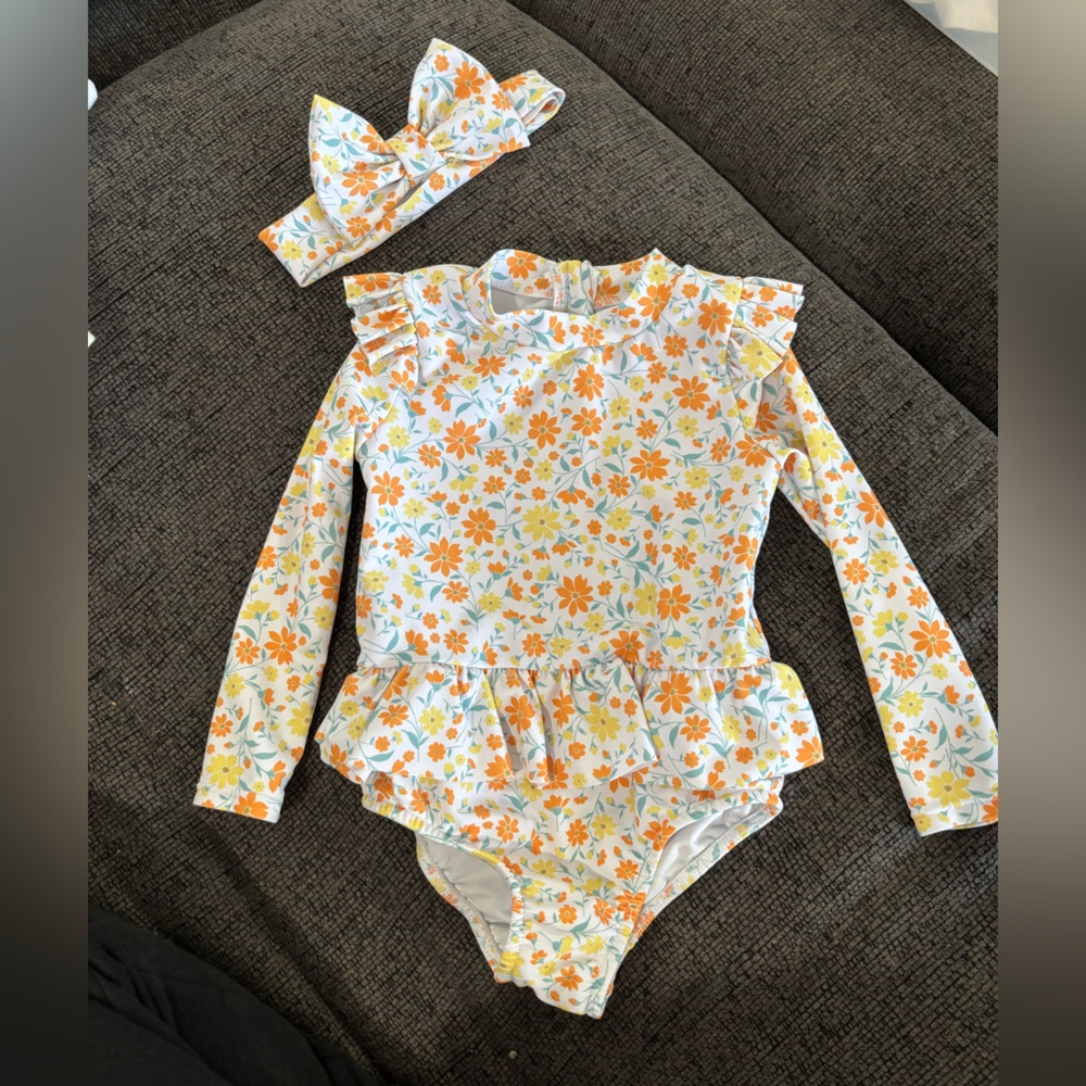 Floral Rashguard Swimsuit with Headband